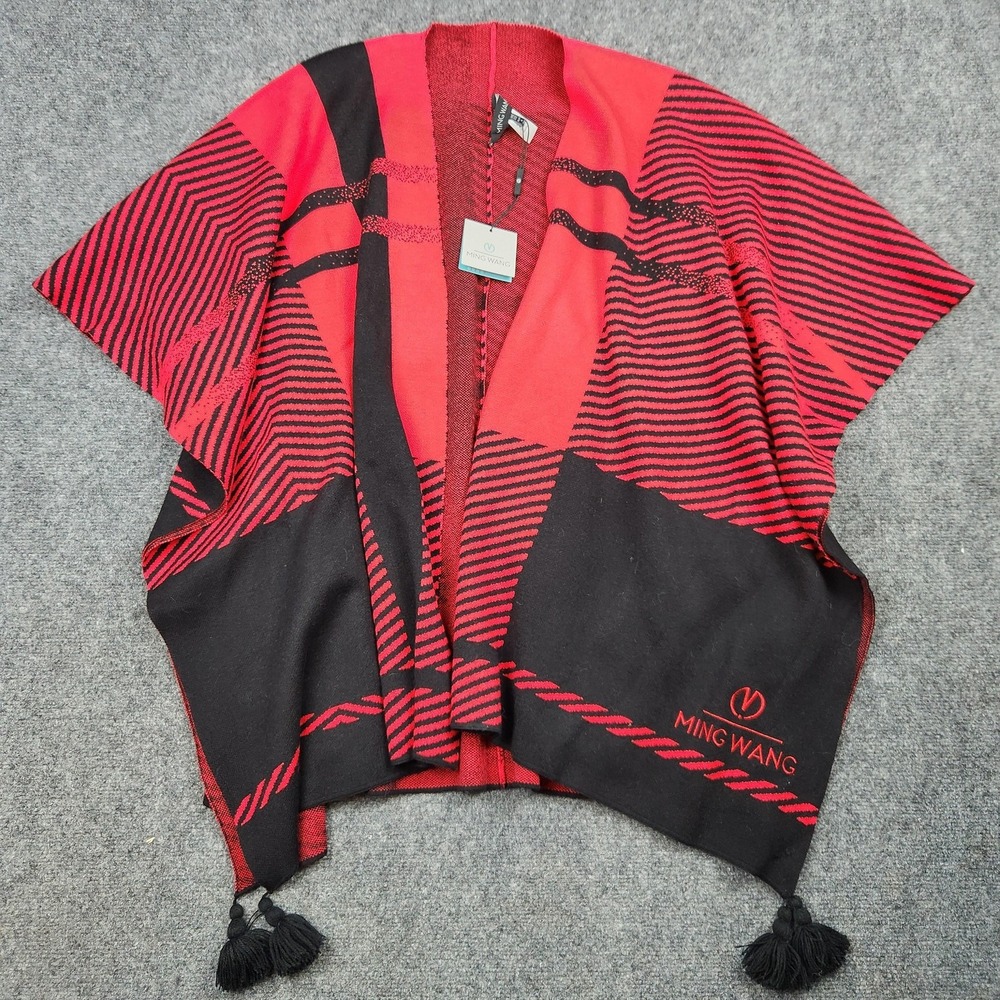 Ming Wang Sweater Womens One Size Red Black Poncho Wrap Tassel MGWP182